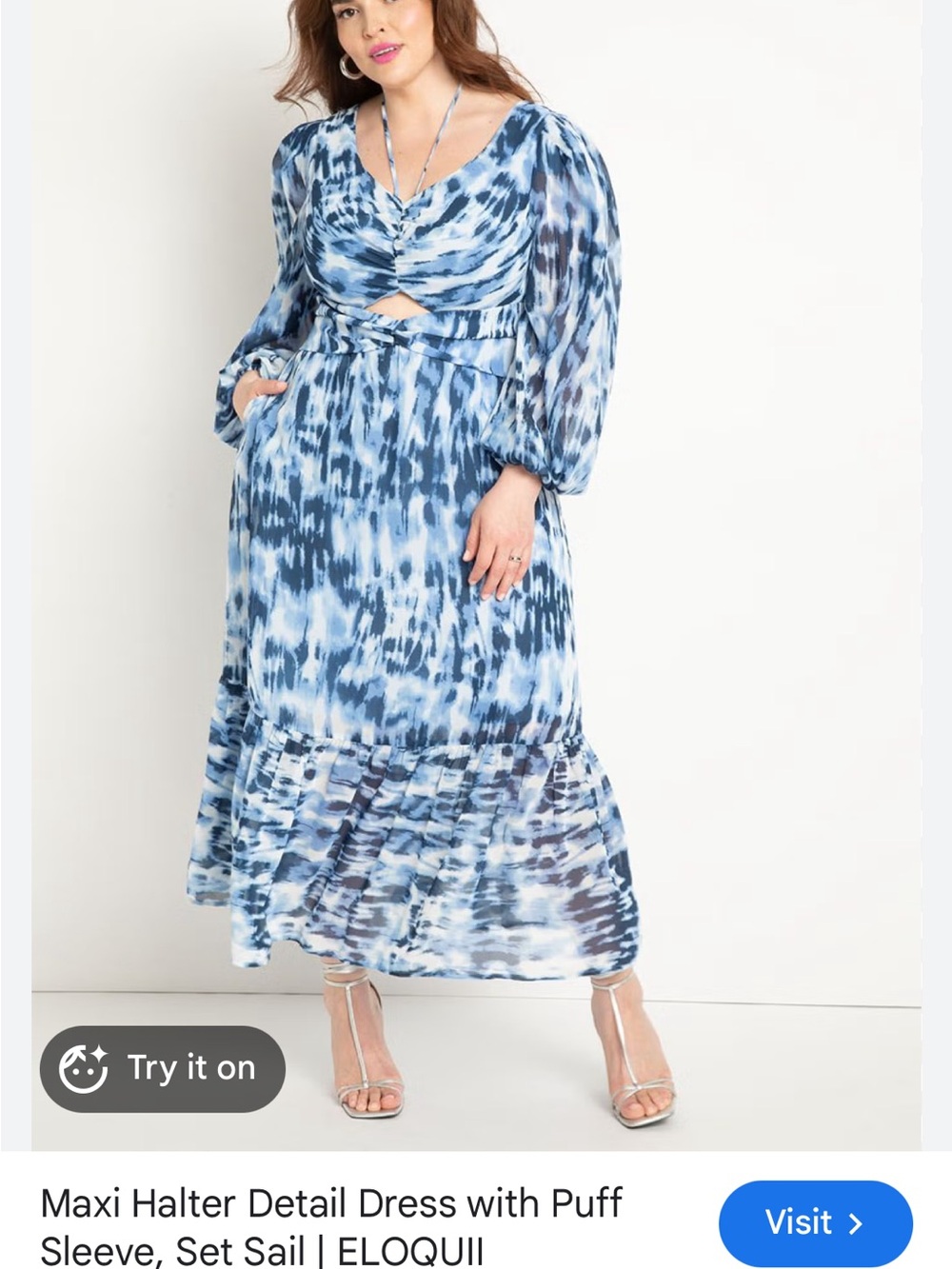 ELOQUII Set Sail Maxi Dress with Cutout and Puff Sleeves